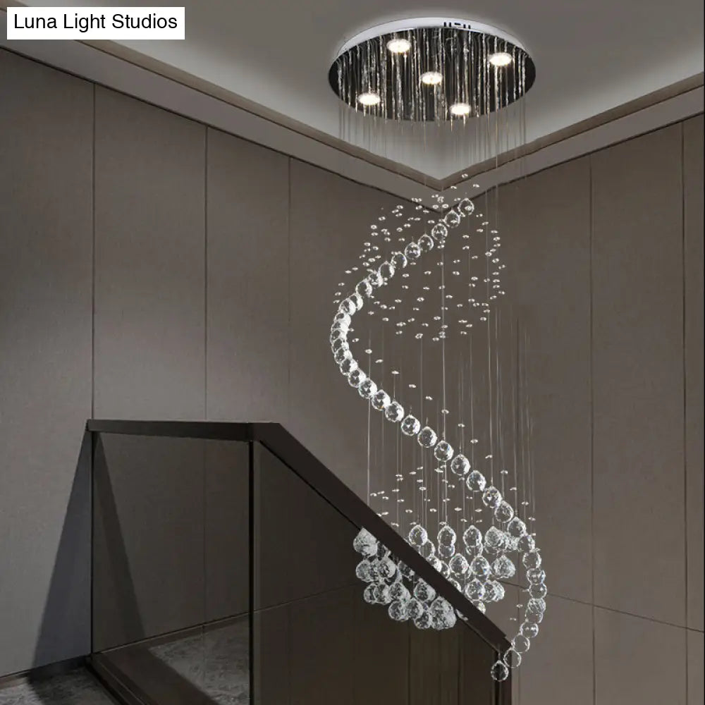 Contemporary Clear Crystal Spiral Pendant with 5 LED Lights - Stylish Living Room Hanging Lamp