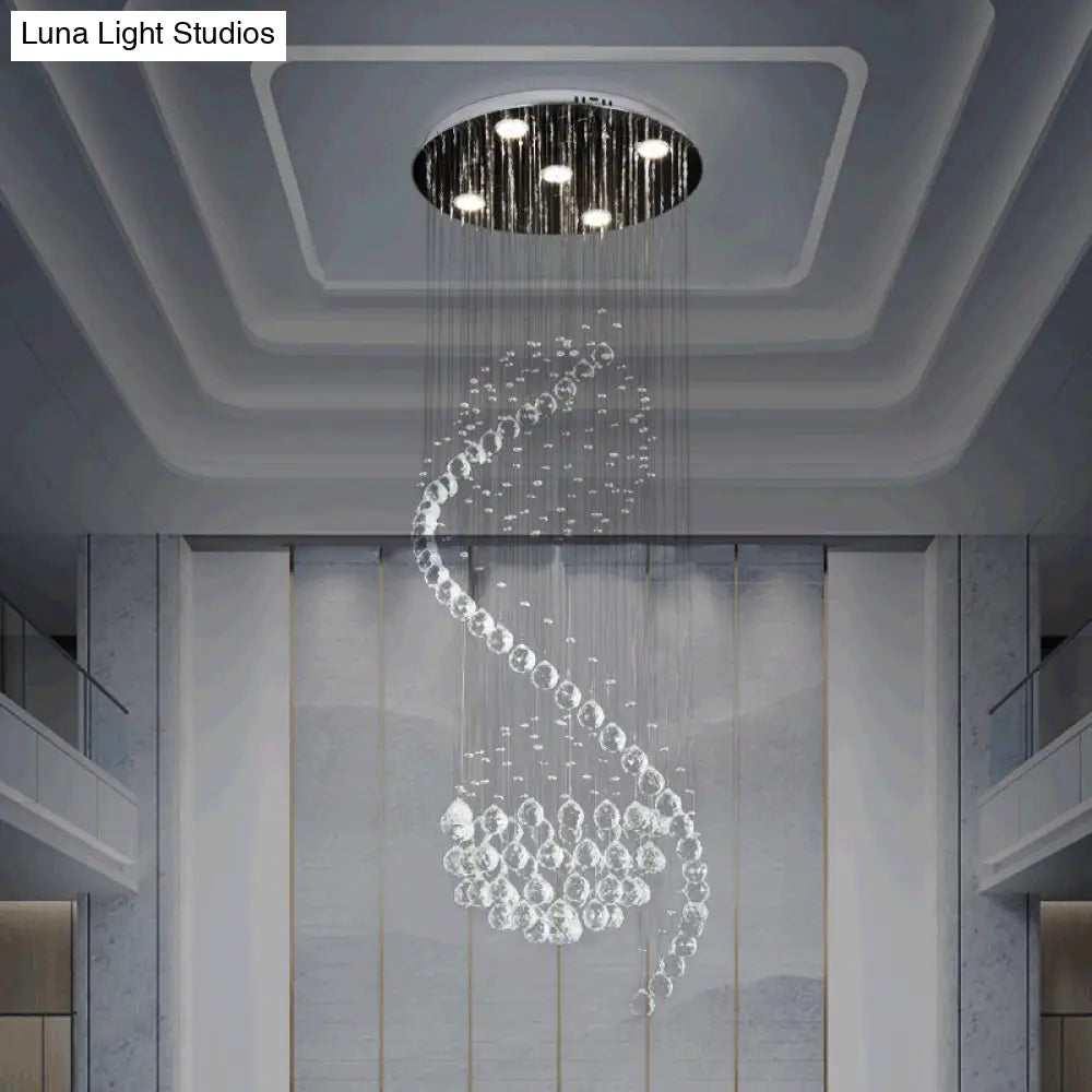 Contemporary Clear Crystal Spiral Pendant with 5 LED Lights - Stylish Living Room Hanging Lamp