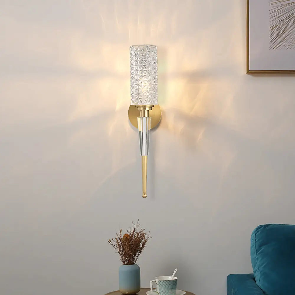 DecorBites™ DecorBites™ Contemporary Clear Crystal Wall Lamp with Gold Cylinder/Tapered Shade - 1 Light Sconce Fixture