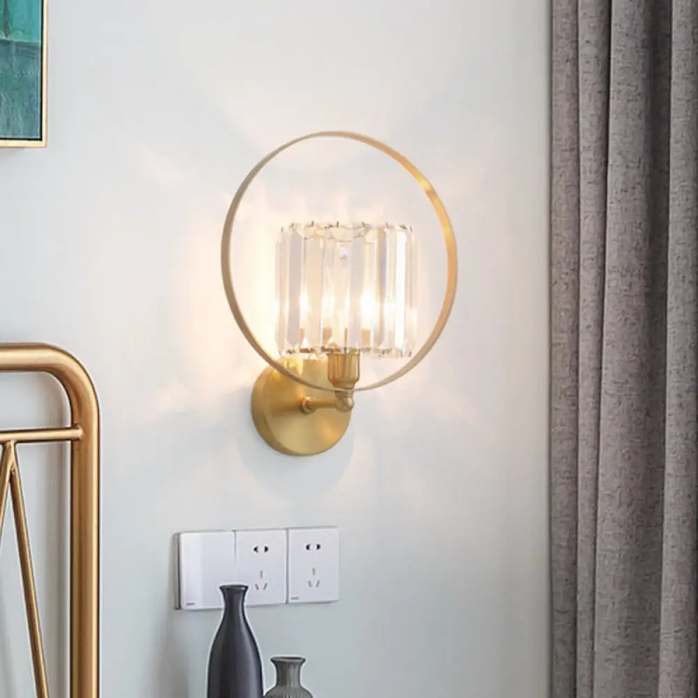 Aplique de pared DecorBites™ de cristal transparente contemporáneo con detalles dorados y marco circular - 1 bombilla