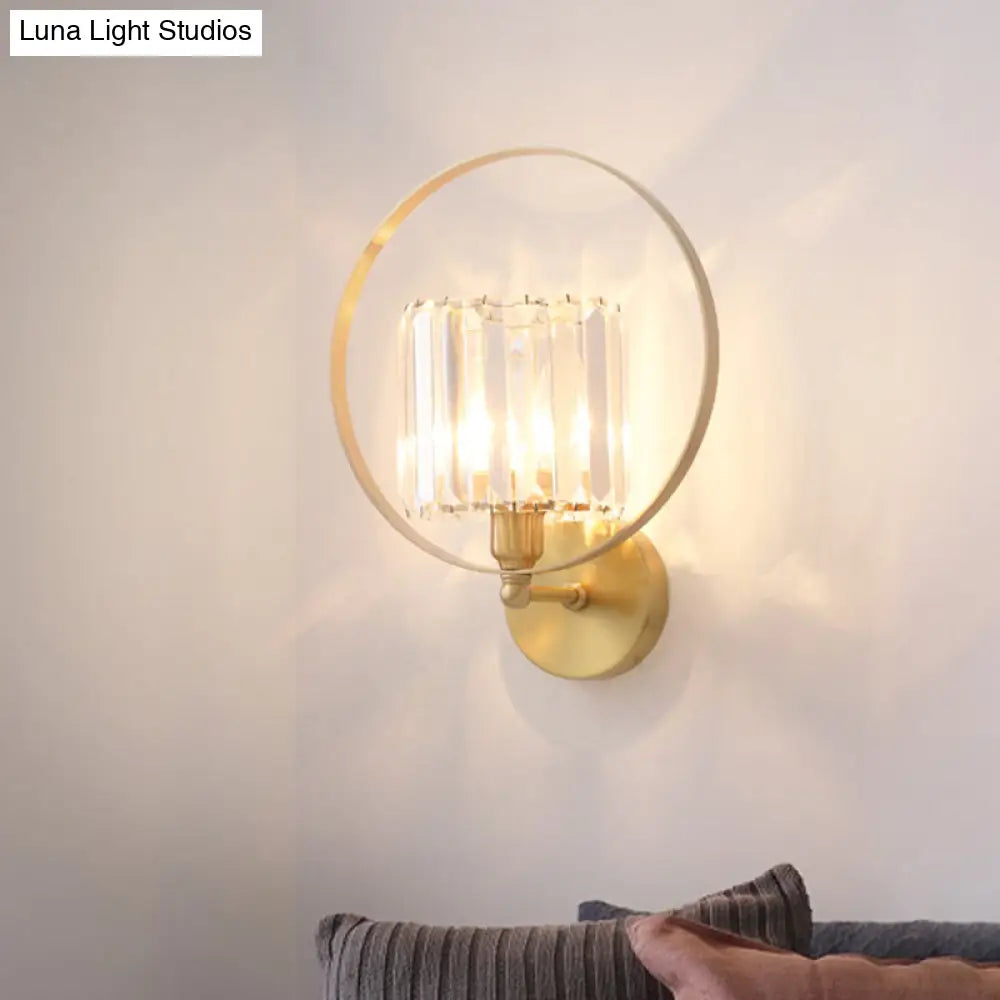 Aplique de pared DecorBites™ de cristal transparente contemporáneo con detalles dorados y marco circular - 1 bombilla