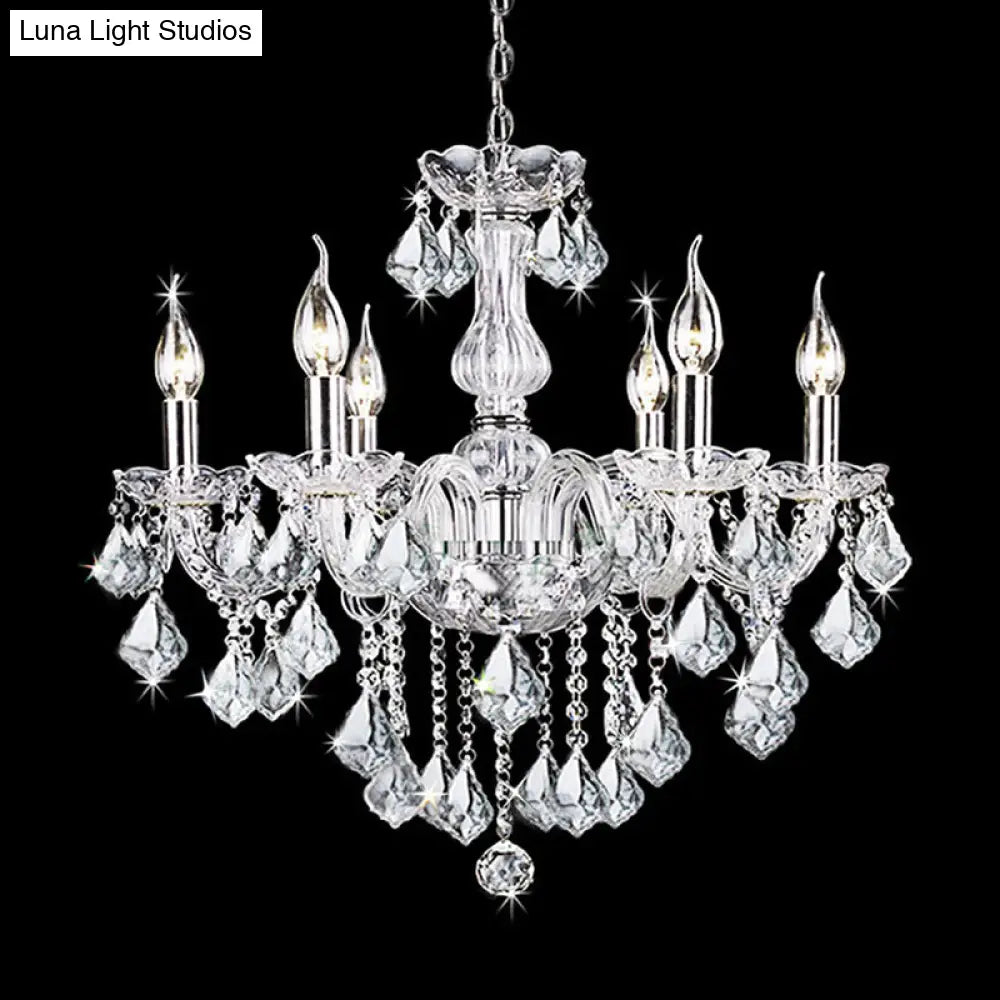 Contemporary Clear Glass Candelabra Chandelier – 6 Lights with Crystal Accent, Ideal for Living Room