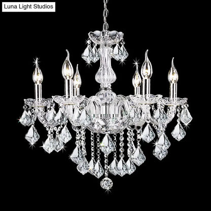 Contemporary Clear Glass Candelabra Chandelier – 6 Lights with Crystal Accent, Ideal for Living Room