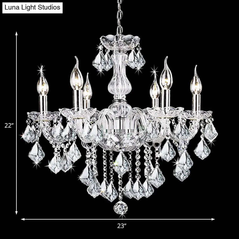 Contemporary Clear Glass Candelabra Chandelier – 6 Lights with Crystal Accent, Ideal for Living Room