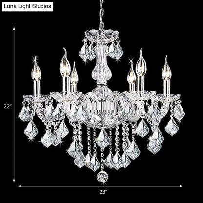 Contemporary Clear Glass Candelabra Chandelier – 6 Lights with Crystal Accent, Ideal for Living Room