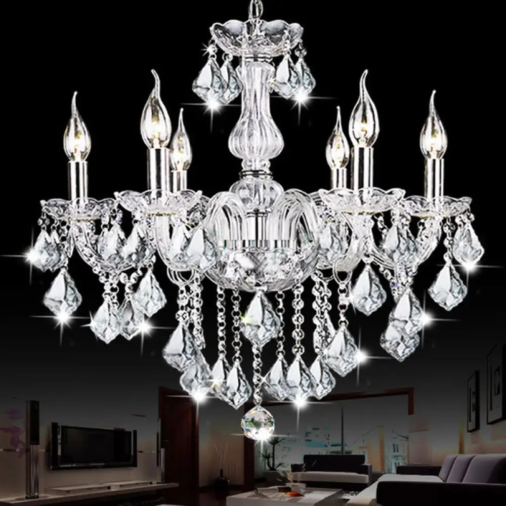 Contemporary Clear Glass Candelabra Chandelier – 6 Lights with Crystal Accent, Ideal for Living Room