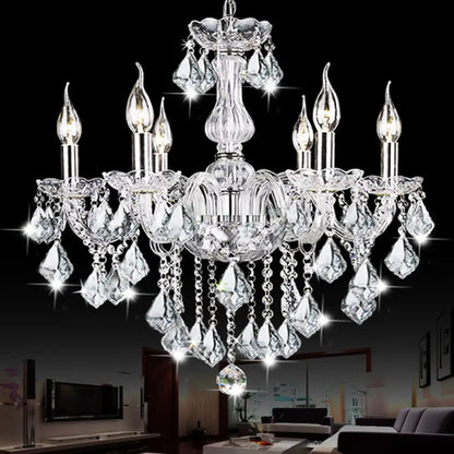 Contemporary Clear Glass Candelabra Chandelier – 6 Lights with Crystal Accent, Ideal for Living Room