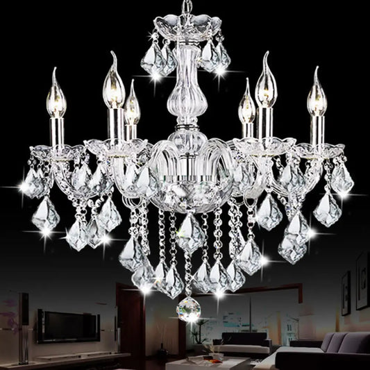 Contemporary Clear Glass Candelabra Chandelier – 6 Lights with Crystal Accent, Ideal for Living Room