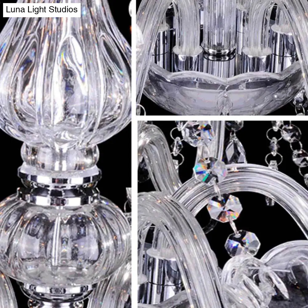 Contemporary Clear Glass Candelabra Chandelier – 6 Lights with Crystal Accent, Ideal for Living Room