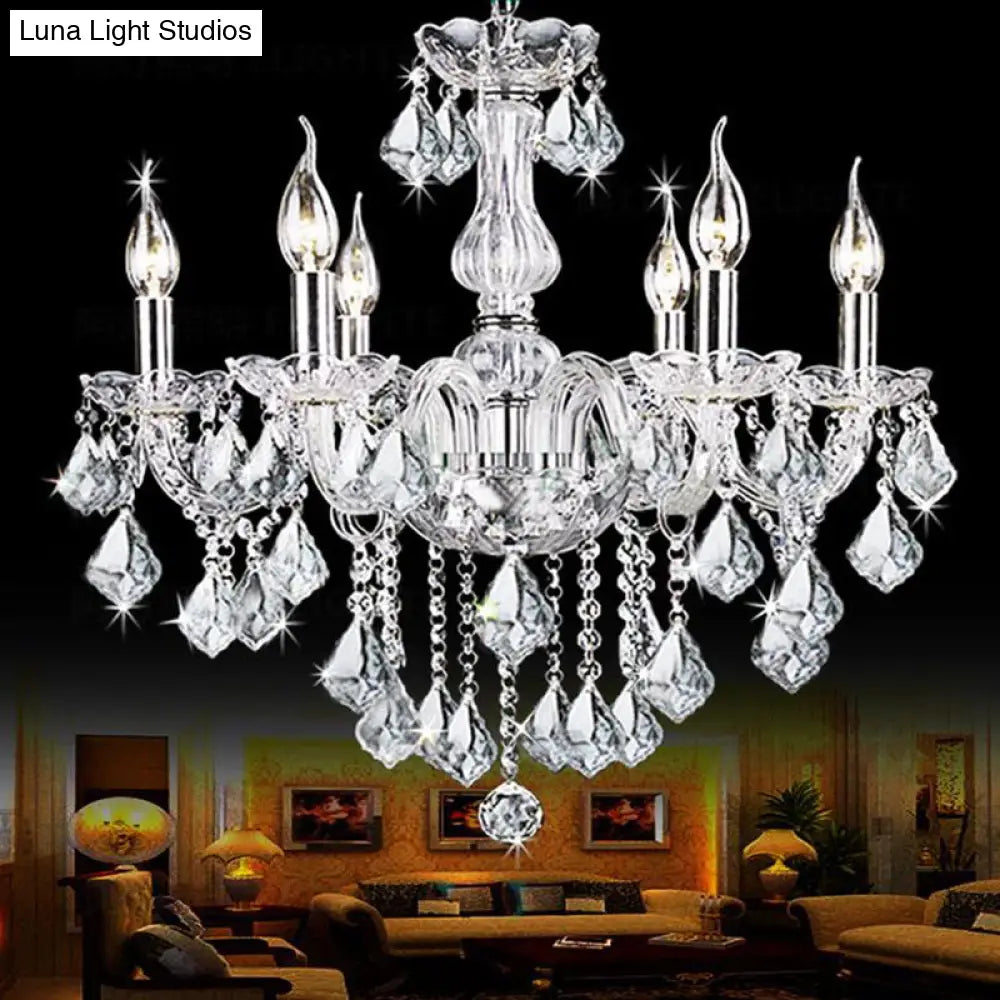 Contemporary Clear Glass Candelabra Chandelier – 6 Lights with Crystal Accent, Ideal for Living Room