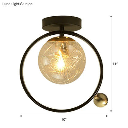 Contemporary Clear Glass Ceiling Light: Spherical Semi Flush Fixture with Single Bulb, Black Mount and Globe/Bird Decor