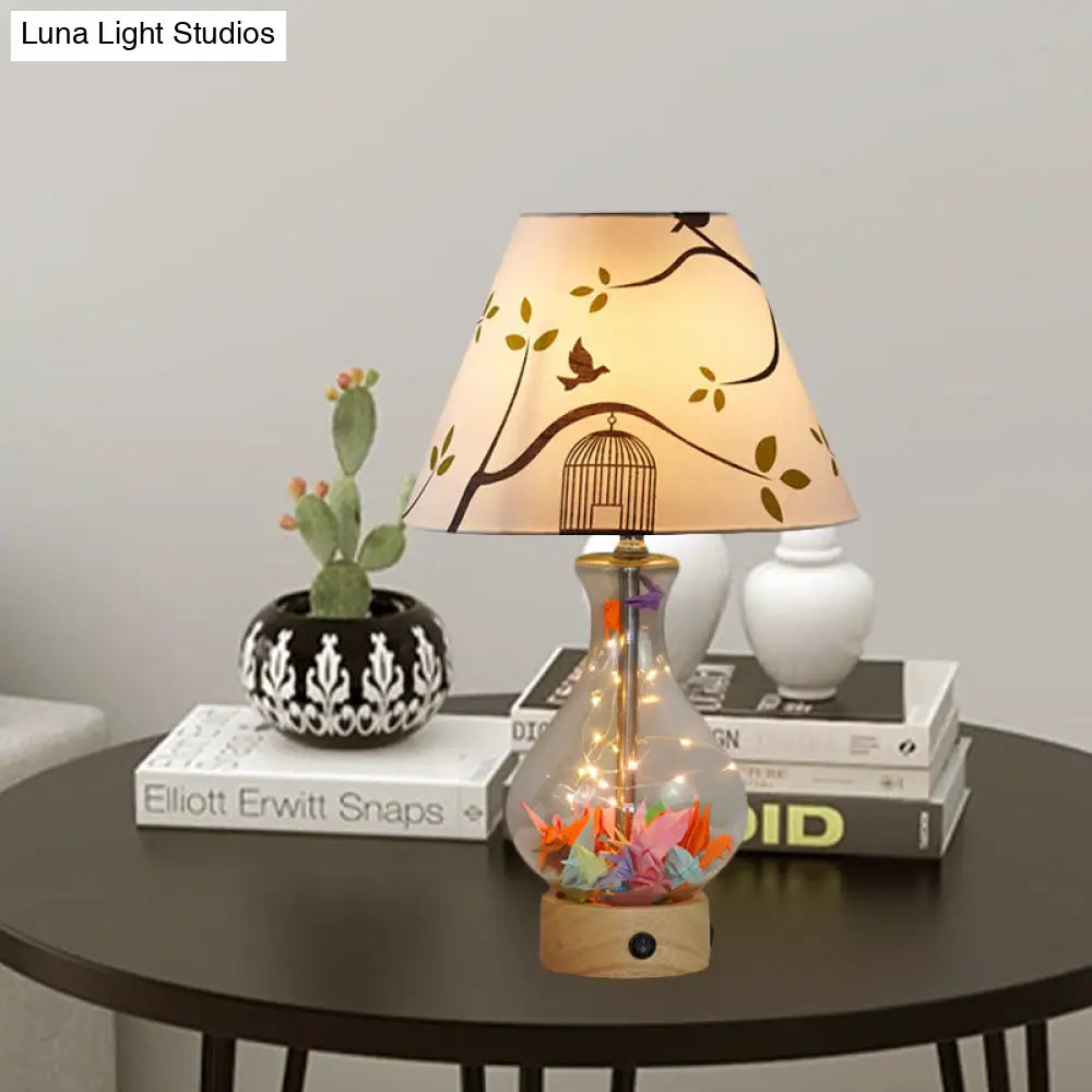 Contemporary Clear Glass Urn Night Lamp with Cone Fabric Shade - Ideal 1-Bulb Table Light for Bedroom