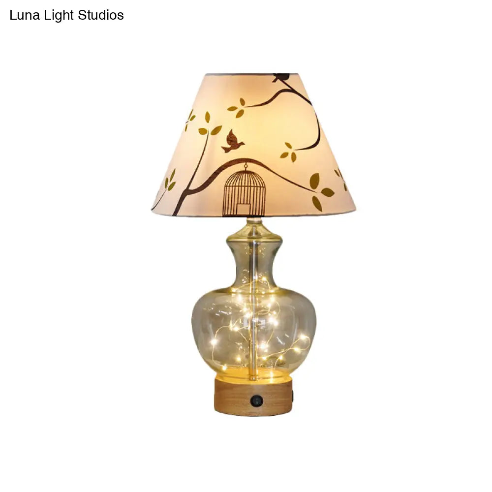 Contemporary Clear Glass Urn Night Lamp with Cone Fabric Shade - Ideal 1-Bulb Table Light for Bedroom