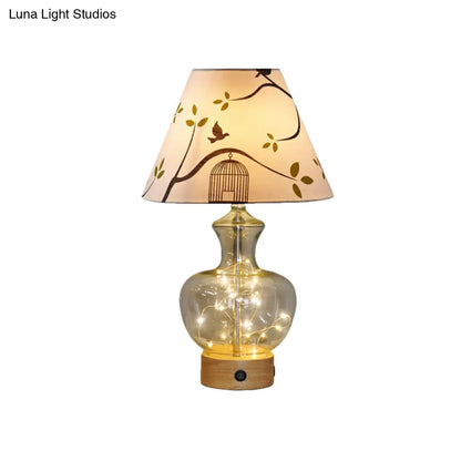 Contemporary Clear Glass Urn Night Lamp with Cone Fabric Shade - Ideal 1-Bulb Table Light for Bedroom