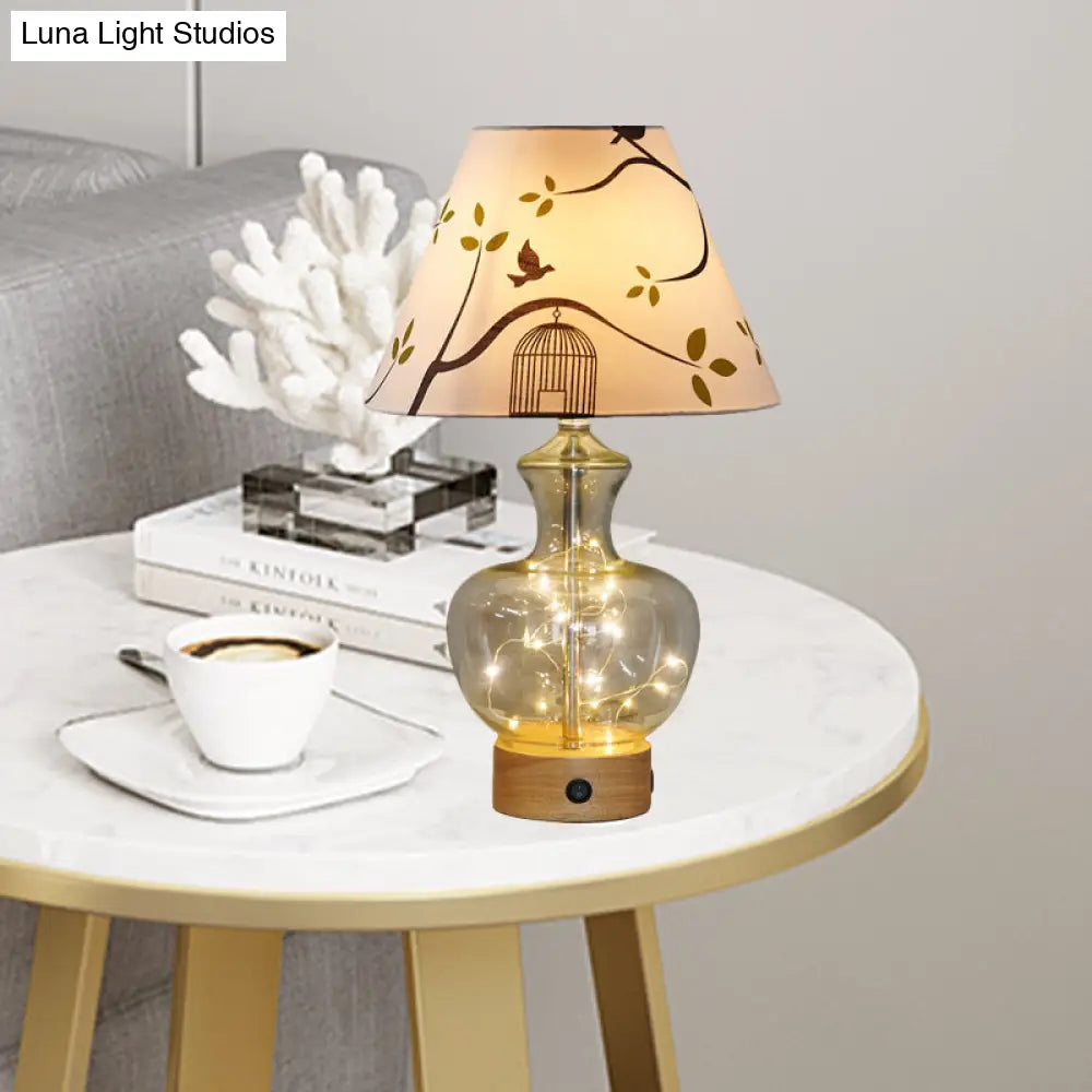 Contemporary Clear Glass Urn Night Lamp with Cone Fabric Shade - Ideal 1-Bulb Table Light for Bedroom