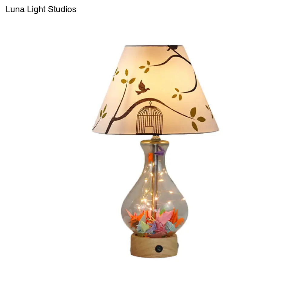 Contemporary Clear Glass Urn Night Lamp with Cone Fabric Shade - Ideal 1-Bulb Table Light for Bedroom