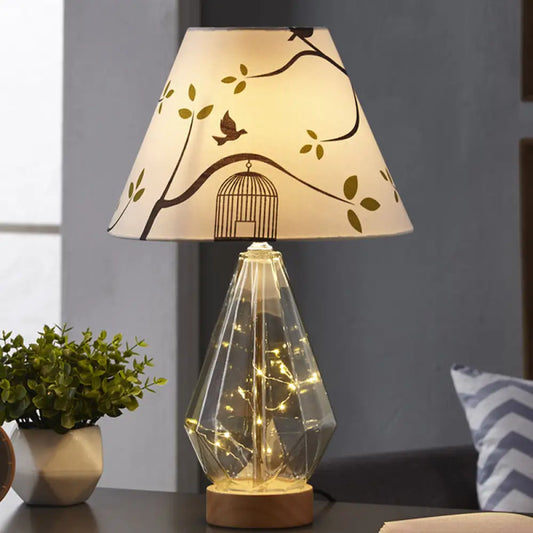 Contemporary Clear Glass Urn Night Lamp with Cone Fabric Shade - Ideal 1-Bulb Table Light for Bedroom