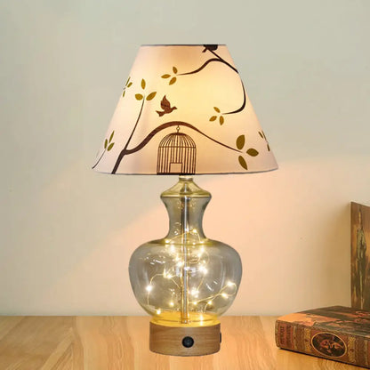 Contemporary Clear Glass Urn Night Lamp with Cone Fabric Shade - Ideal 1-Bulb Table Light for Bedroom