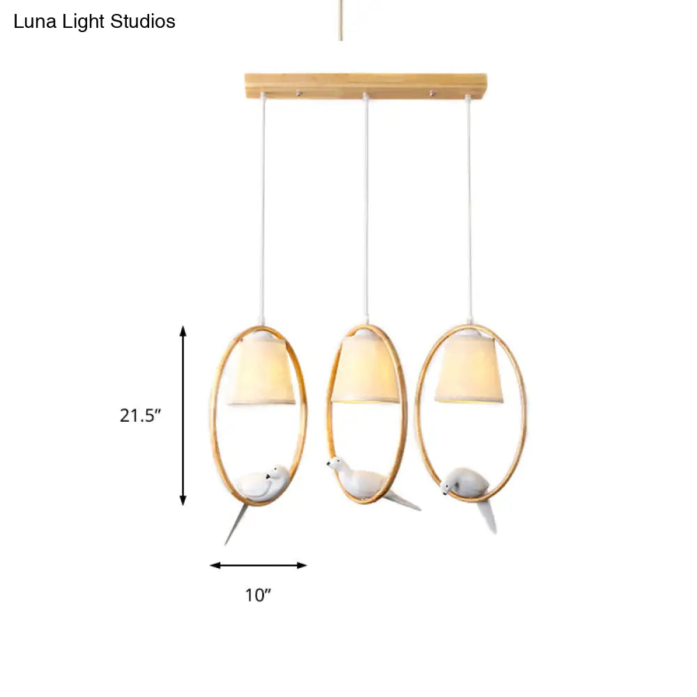 Contemporary Cone Fabric Pendant Lamp with Wood Ring and Resin Bird - 1/3 Lights, White Fixture