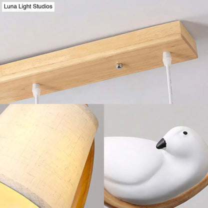 Contemporary Cone Fabric Pendant Lamp with Wood Ring and Resin Bird - 1/3 Lights, White Fixture