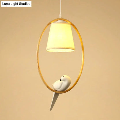 Contemporary Cone Fabric Pendant Lamp with Wood Ring and Resin Bird - 1/3 Lights, White Fixture