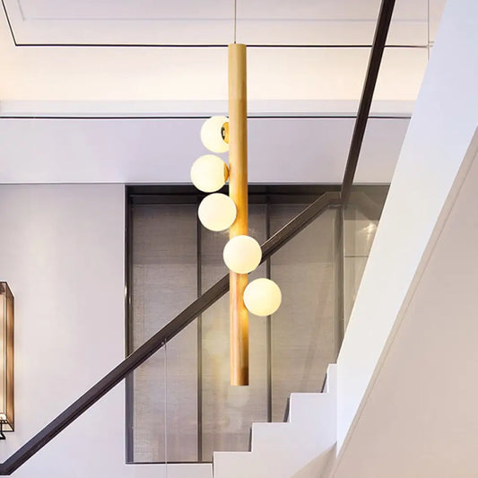 Lámpara de araña Modo de cristal color crema contemporáneo con 5 luces colgantes de madera: ideal para restaurantes.