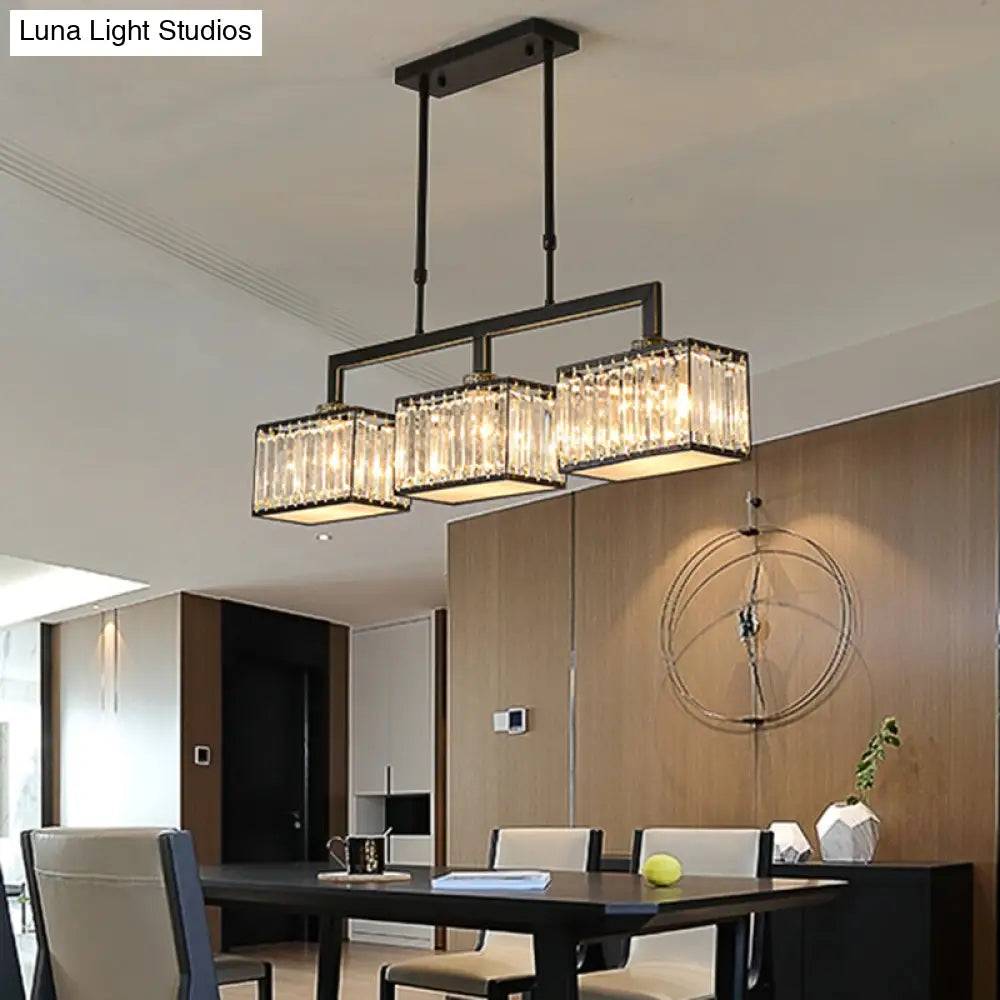 ثريا كريستالية سوداء معاصرة من DecorBites™ مزودة بإضاءة جزيرة - مصباح قاعة طعام مكعب، 3 لمبات