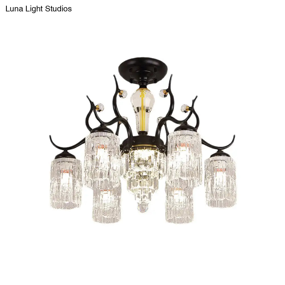 DecorBites™ DecorBites™ Contemporary Crystal Black Flush Chandelier -Cylindrical Bedroom Semi Ceiling Mount Lamp (3/6 Heads)