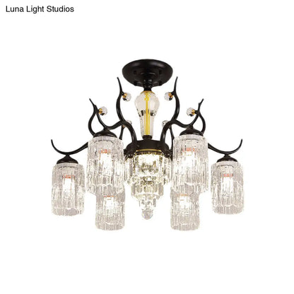DecorBites™ DecorBites™ Contemporary Crystal Black Flush Chandelier -Cylindrical Bedroom Semi Ceiling Mount Lamp (3/6 Heads)