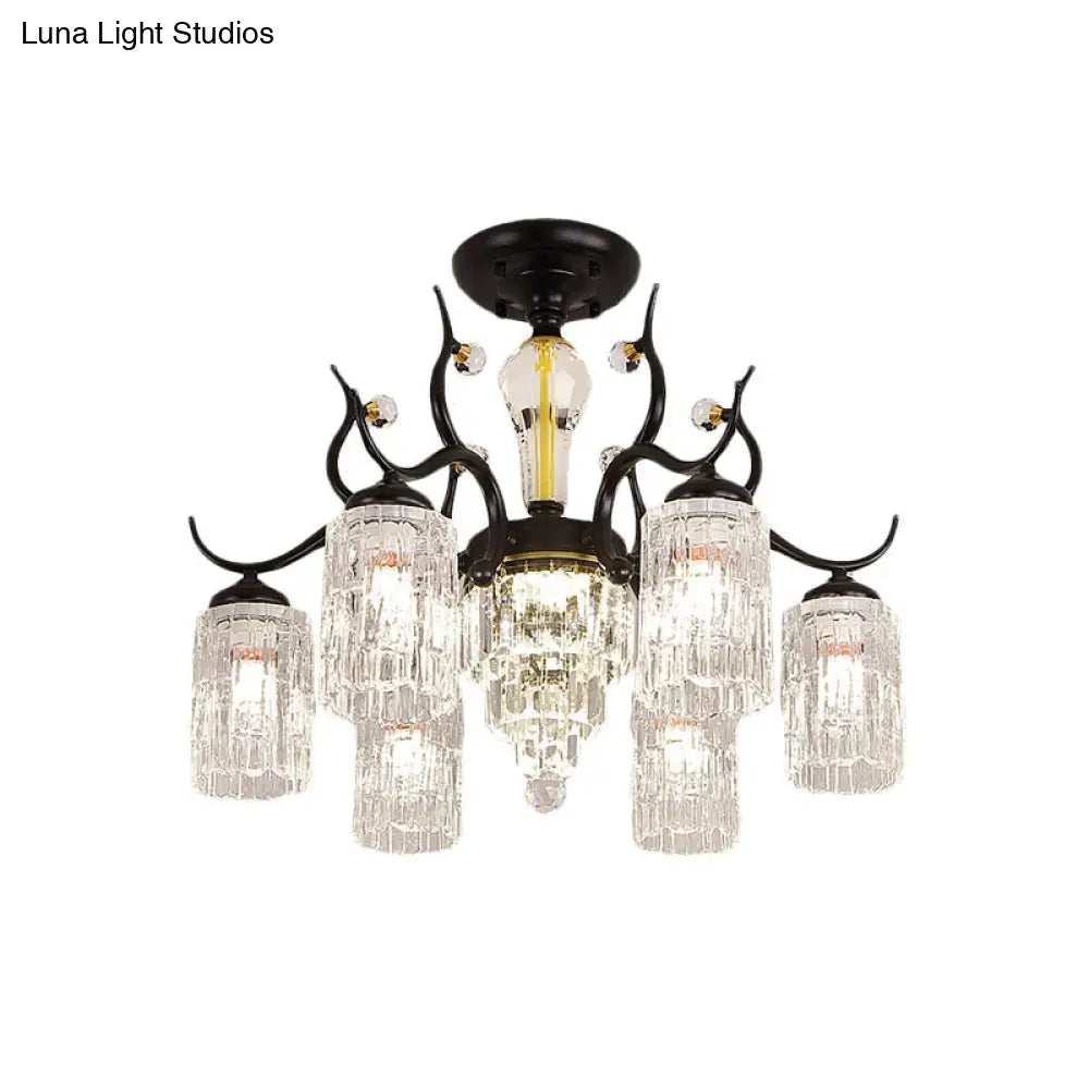DecorBites™ DecorBites™ Contemporary Crystal Black Flush Chandelier -Cylindrical Bedroom Semi Ceiling Mount Lamp (3/6 Heads)