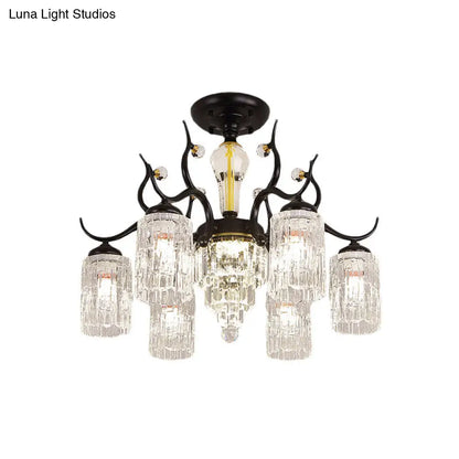 DecorBites™ DecorBites™ Contemporary Crystal Black Flush Chandelier -Cylindrical Bedroom Semi Ceiling Mount Lamp (3/6 Heads)