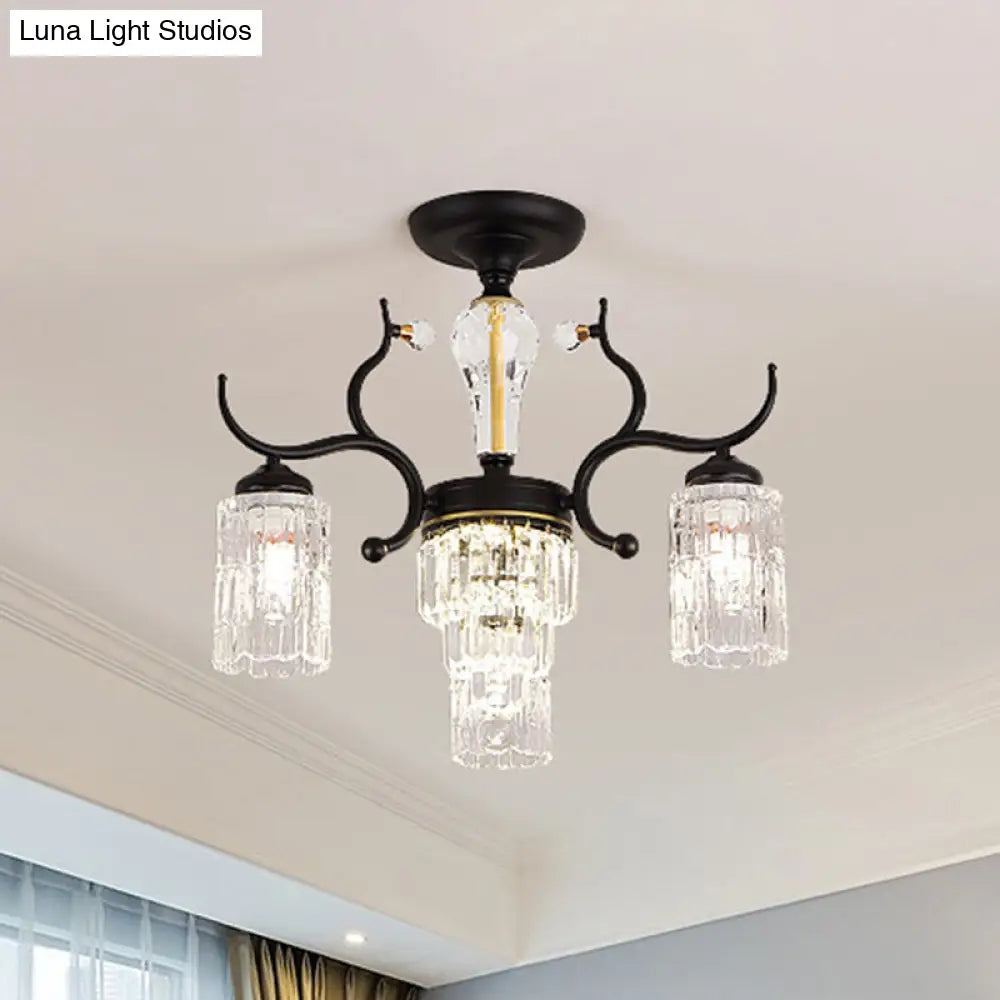 DecorBites™ DecorBites™ Contemporary Crystal Black Flush Chandelier -Cylindrical Bedroom Semi Ceiling Mount Lamp (3/6 Heads)