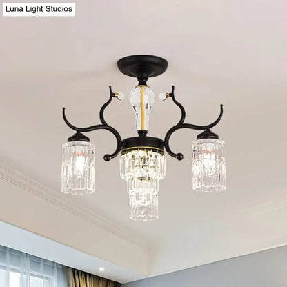 DecorBites™ DecorBites™ Contemporary Crystal Black Flush Chandelier -Cylindrical Bedroom Semi Ceiling Mount Lamp (3/6 Heads)