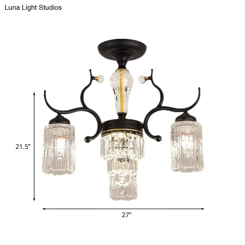 DecorBites™ DecorBites™ Contemporary Crystal Black Flush Chandelier -Cylindrical Bedroom Semi Ceiling Mount Lamp (3/6 Heads)