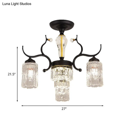 DecorBites™ DecorBites™ Contemporary Crystal Black Flush Chandelier -Cylindrical Bedroom Semi Ceiling Mount Lamp (3/6 Heads)