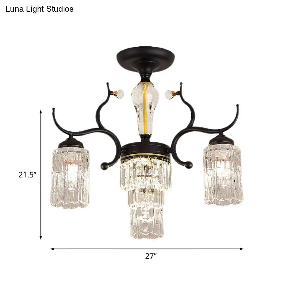 DecorBites™ DecorBites™ Contemporary Crystal Black Flush Chandelier -Cylindrical Bedroom Semi Ceiling Mount Lamp (3/6 Heads)