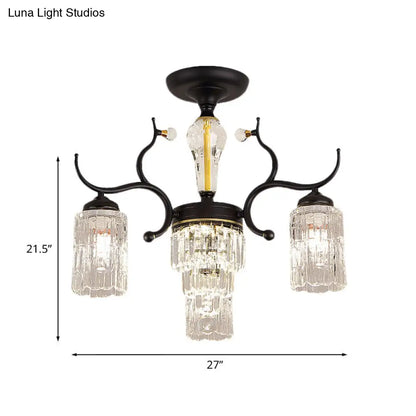 DecorBites™ DecorBites™ Contemporary Crystal Black Flush Chandelier -Cylindrical Bedroom Semi Ceiling Mount Lamp (3/6 Heads)