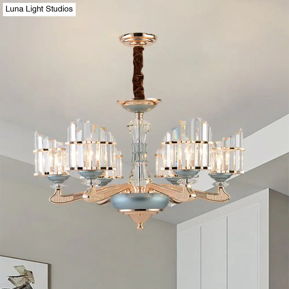 Contemporary Crystal Block Arced Panel Chandelier with 6 Bulbs, Gold Pendulum Light and Blue Ceramic Detail