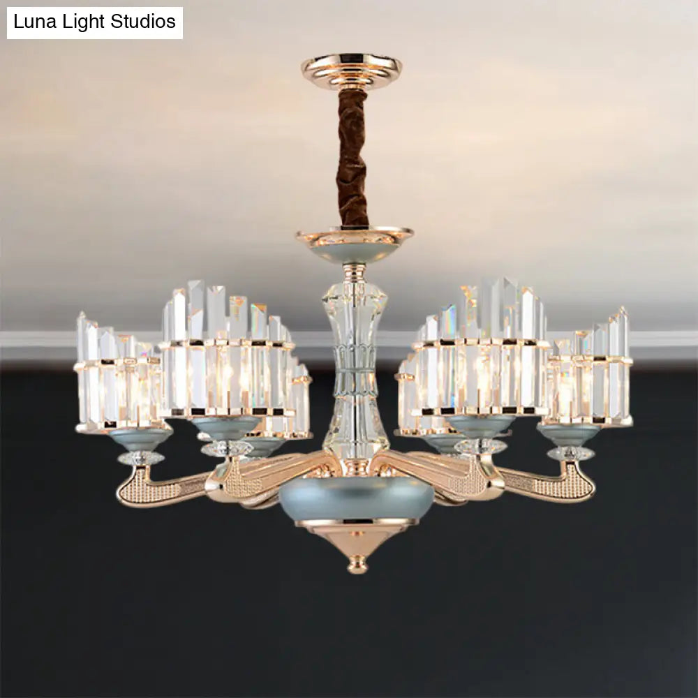 Contemporary Crystal Block Arced Panel Chandelier with 6 Bulbs, Gold Pendulum Light and Blue Ceramic Detail