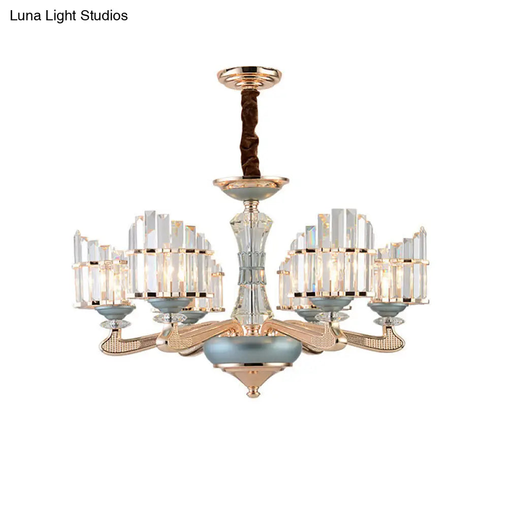 Contemporary Crystal Block Arced Panel Chandelier with 6 Bulbs, Gold Pendulum Light and Blue Ceramic Detail