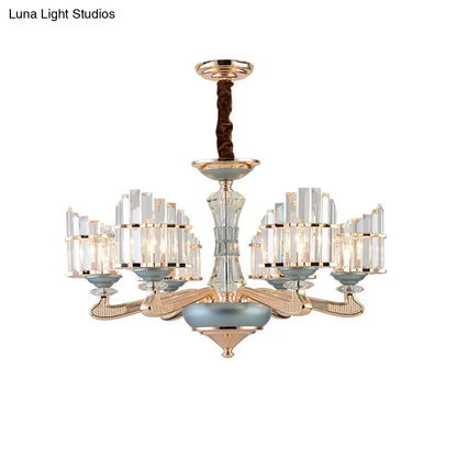 Contemporary Crystal Block Arced Panel Chandelier with 6 Bulbs, Gold Pendulum Light and Blue Ceramic Detail