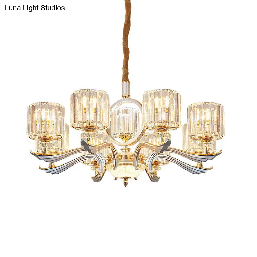 Lámpara de araña colgante cilíndrica contemporánea con bloques de cristal - Plateada, 6/8 cabezales - Ideal para comedores