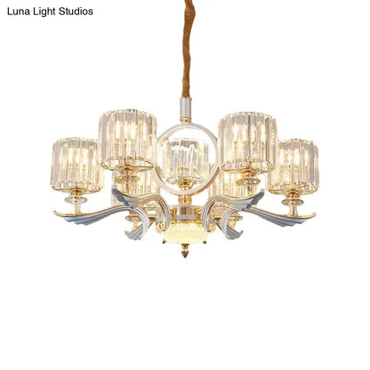 Lámpara de araña colgante cilíndrica contemporánea con bloques de cristal - Plateada, 6/8 cabezales - Ideal para comedores