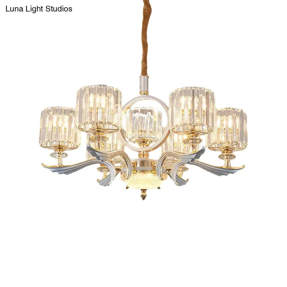 Lámpara de araña colgante cilíndrica contemporánea con bloques de cristal - Plateada, 6/8 cabezales - Ideal para comedores