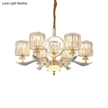 Lámpara de araña colgante cilíndrica contemporánea con bloques de cristal - Plateada, 6/8 cabezales - Ideal para comedores