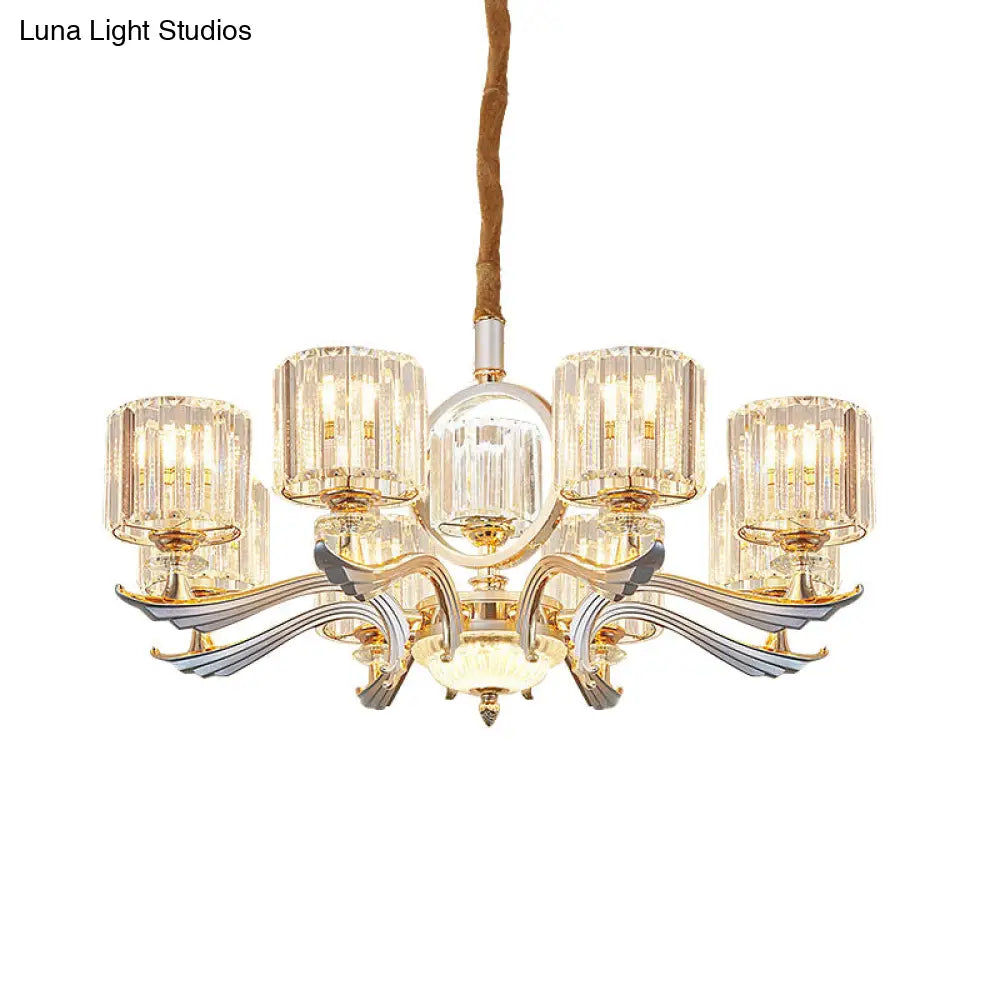 Lámpara de araña colgante cilíndrica contemporánea con bloques de cristal - Plateada, 6/8 cabezales - Ideal para comedores