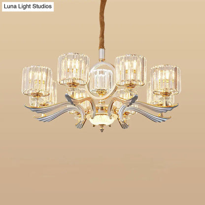 Lámpara de araña colgante cilíndrica contemporánea con bloques de cristal - Plateada, 6/8 cabezales - Ideal para comedores
