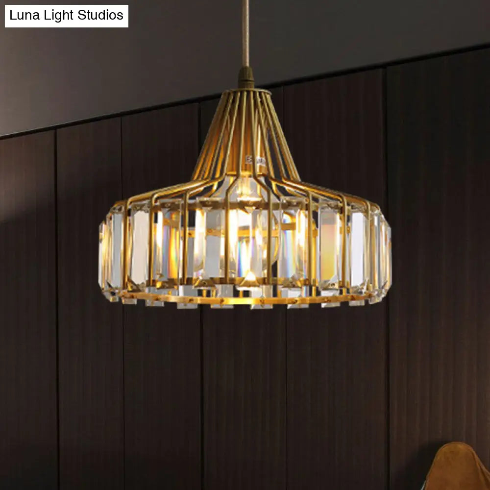 Contemporary Crystal Block Drum Pendant Light - Gold, 1 Light, 10"/14" Wide