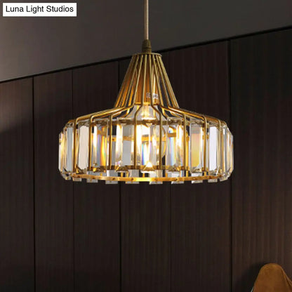 Contemporary Crystal Block Drum Pendant Light - Gold, 1 Light, 10"/14" Wide