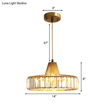 Contemporary Crystal Block Drum Pendant Light - Gold, 1 Light, 10"/14" Wide